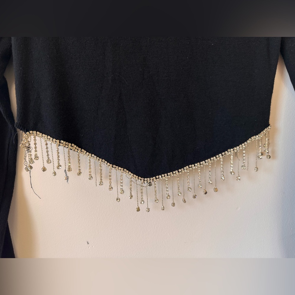 Elegant Black Long Sleeve Top with Beaded Rhinestones Size L - Picture 4 of 6